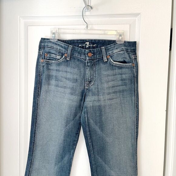 7 for All Mankind "A" Pocket Studded Distressed Faded Low-Rise Boot Cut Jeans - Picture 3 of 12